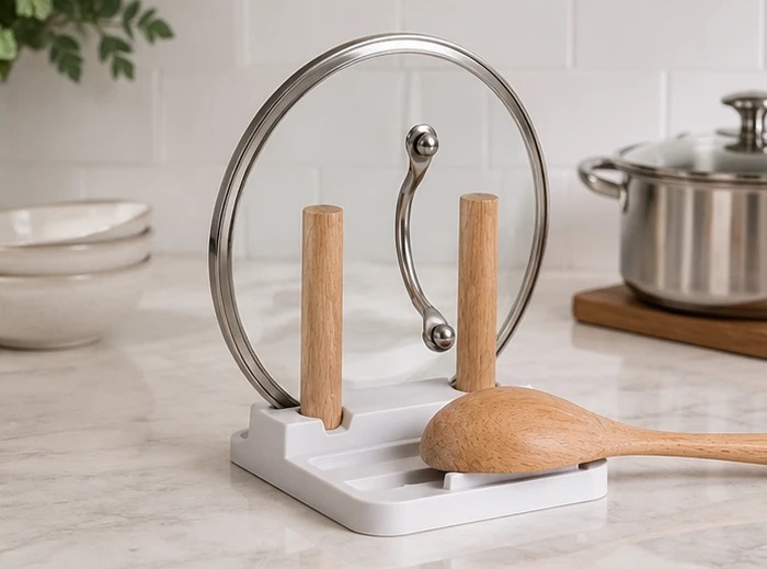 The LIDLOK lid and spoon stand on a kitchen counter